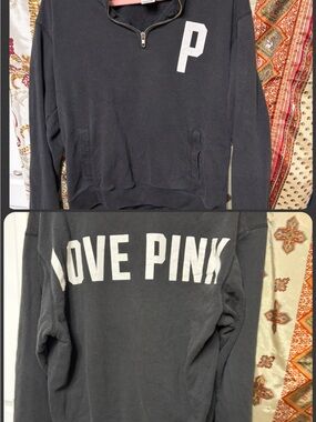 Love Pink Victoria Secret 1/4 zip sweatshirt black white side pockets M